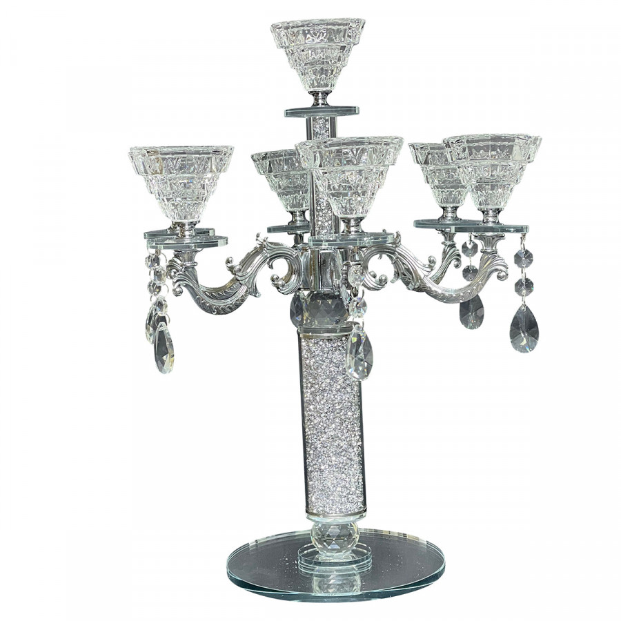 Furnings - Ambrose 7 Candles Holder with Pendants, Silver Crushed Diamonds Glass