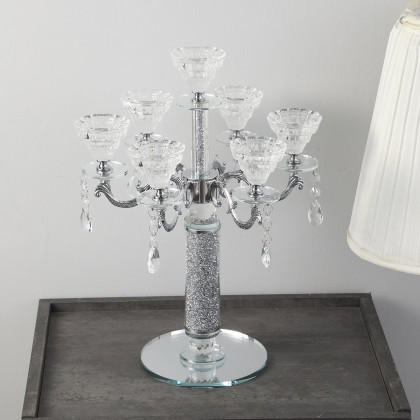Furnings - Ambrose 7 Candles Holder with Pendants, Silver Crushed Diamonds Glass