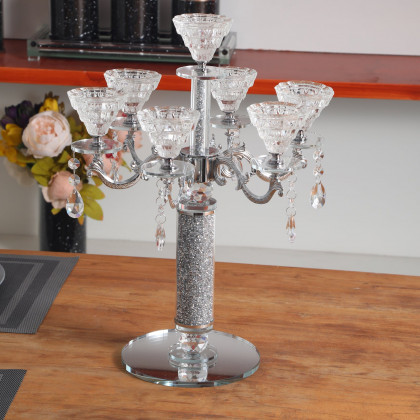 Furnings - Ambrose 7 Candles Holder with Pendants, Silver Crushed Diamonds Glass