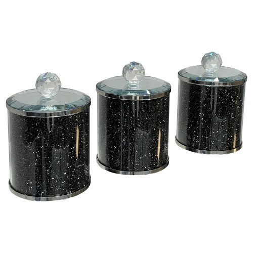 Furnings - Exquisite Three Glass Canister Set, Black Crushed Diamond Glass in 5.5"H x 4"D