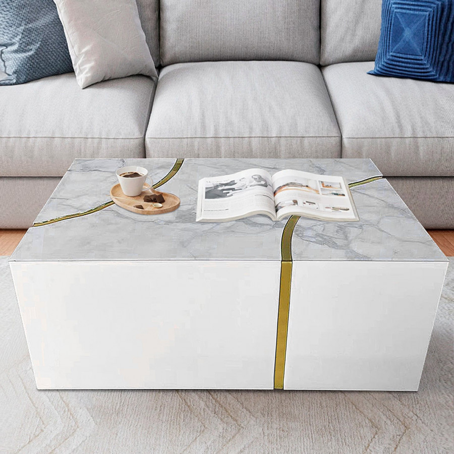Furnings - Modern Rectangular Coffee Table in Shiny White Design with Gold Accent