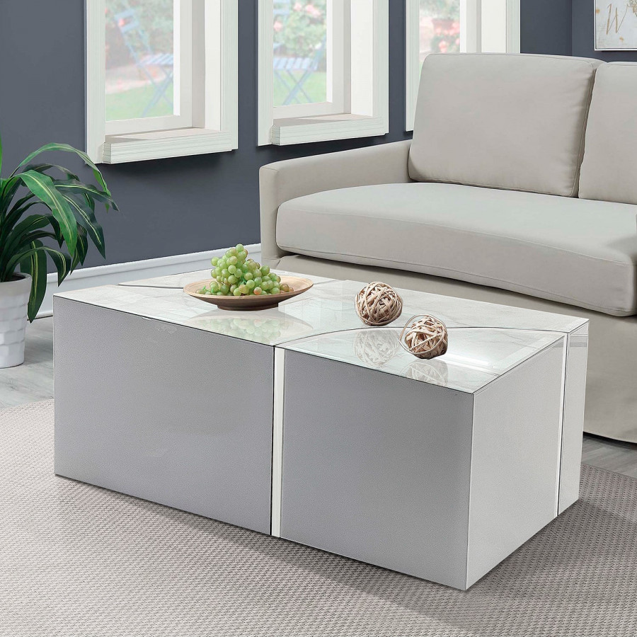 Furnings - Modern Rectangular Coffee Table in Shiny White Design with Silver Accent