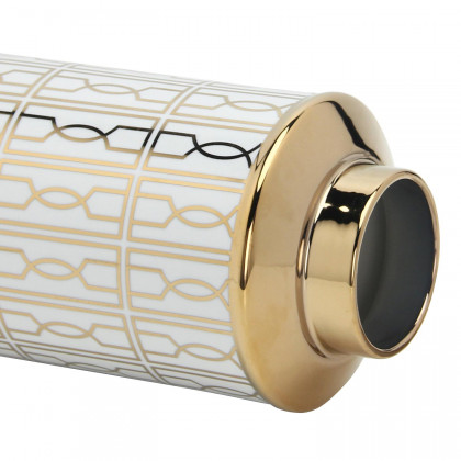 Furnings Elegant White Ceramic Ginger Jar with Gold Geometrical Design and Removable Lid - Small