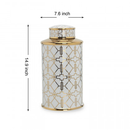Furnings Elegant White Ceramic Ginger Jar with Gold Geometrical Design and Removable Lid - Small