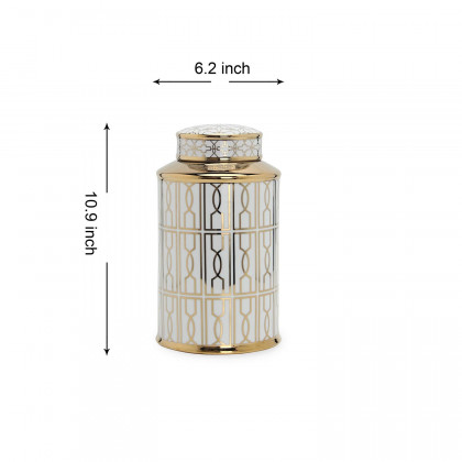 Furnings Elegant White Ceramic Ginger Jar with Gold Geometrical Design and Removable Lid - Small