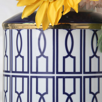 Furnings Elegant White Ceramic Ginger Jar with Blue Geometrical Design and Removable Lid - Large