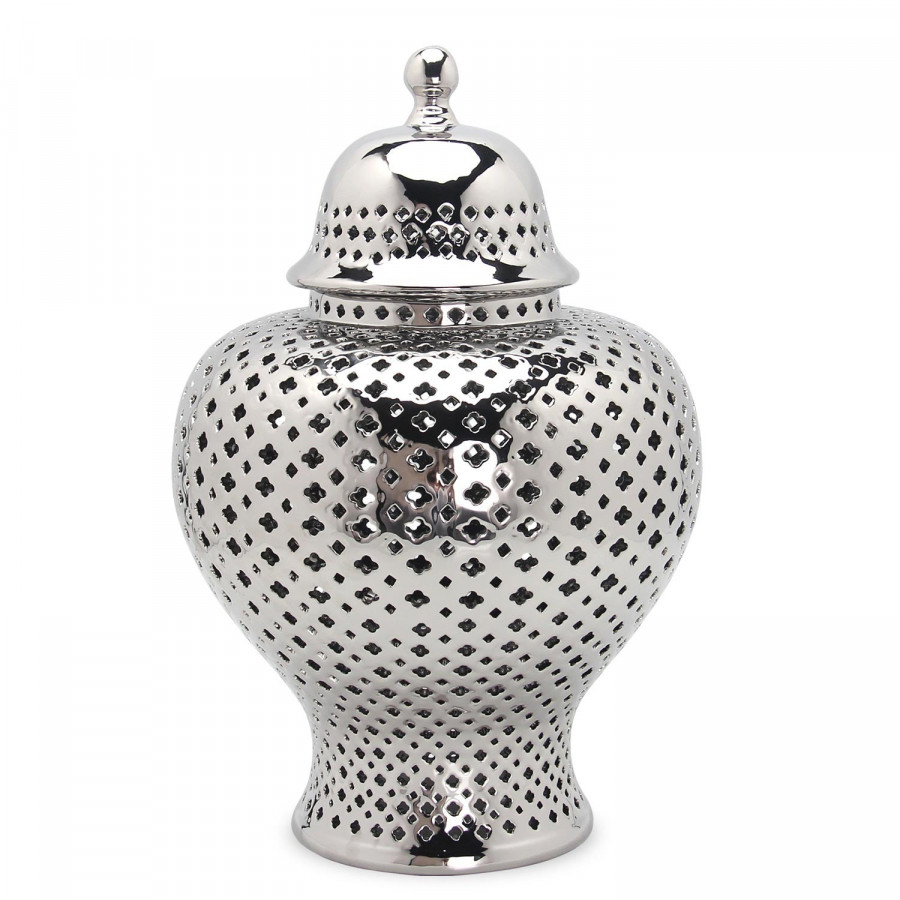 Furnings Stylish Silver Ceramic Ginger Jar with Decorative Design - Large