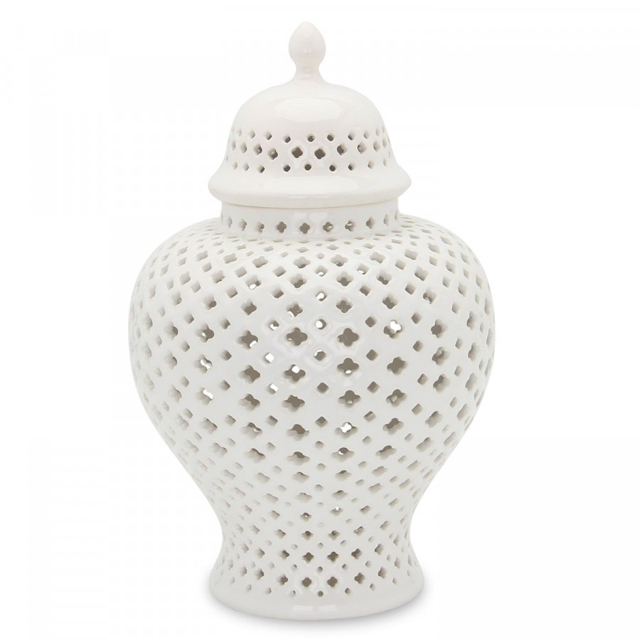 Furnings Stylish White Ceramic Ginger Jar with Decorative Design - Small