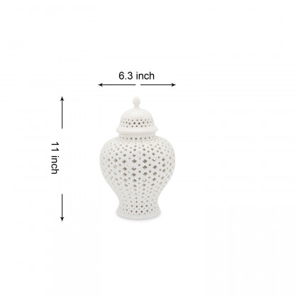 Furnings Stylish White Ceramic Ginger Jar with Decorative Design - Small