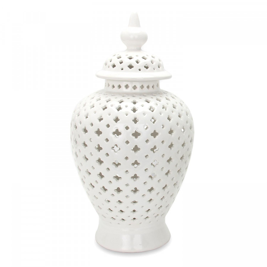 Furnings - White Ceramic Ginger Jar Vase with Decorative Design and Removable Lid