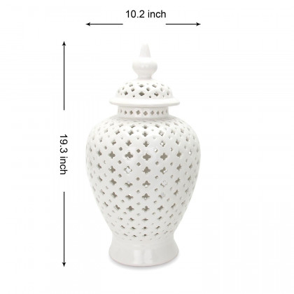 Furnings White Ceramic Ginger Jar Vase with Decorative Design and Removable Lid - Small