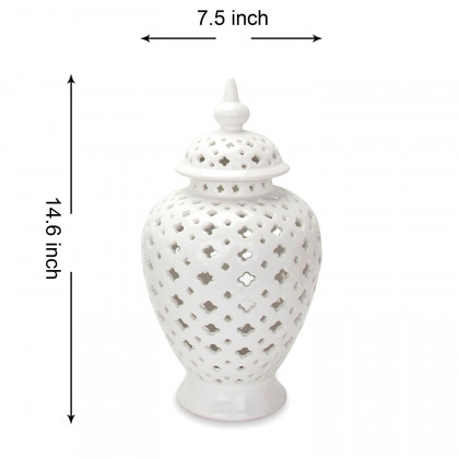 Furnings White Ceramic Ginger Jar Vase with Decorative Design and Removable Lid - Small