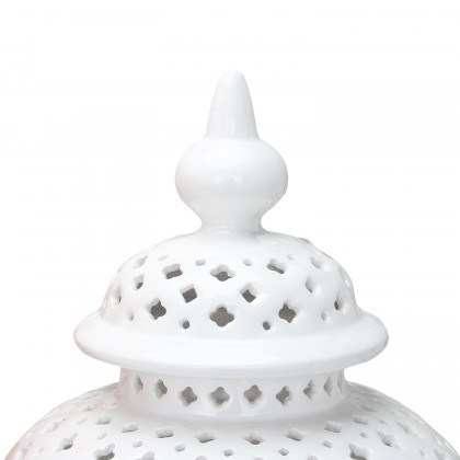 Furnings White Ceramic Ginger Jar Vase with Decorative Design and Removable Lid - Small