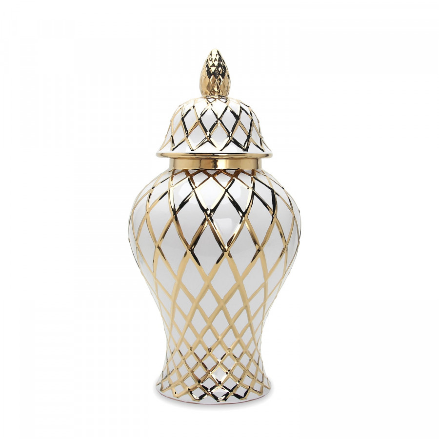 Furnings White and Gold Ceramic Decorative Ginger Jar - Large