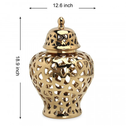 Furnings Gold Ceramic Ginger Jar Vase with Decorative Design and Removable Lid - Small