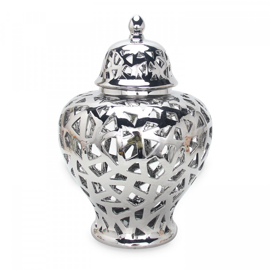 Furnings Silver Ceramic Ginger Jar Vase with Decorative Design and Removable Lid - Small