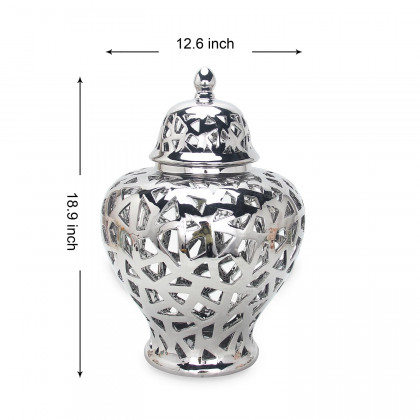 Furnings Silver Ceramic Ginger Jar Vase with Decorative Design and Removable Lid - Small