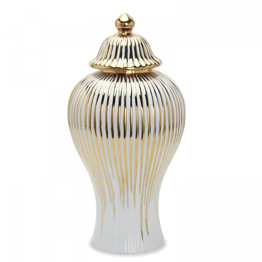 Furnings White with Gold Design Ceramic Decorative Ginger Jar Vase - Large