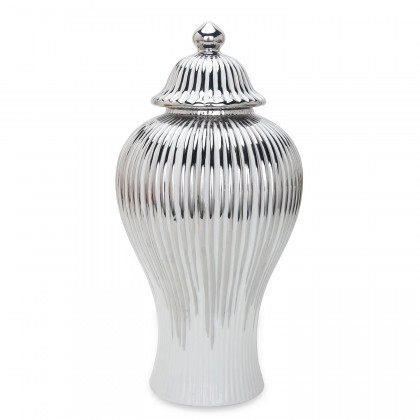 Furnings - White with Silver Design Ceramic Decorative Ginger Jar Vase