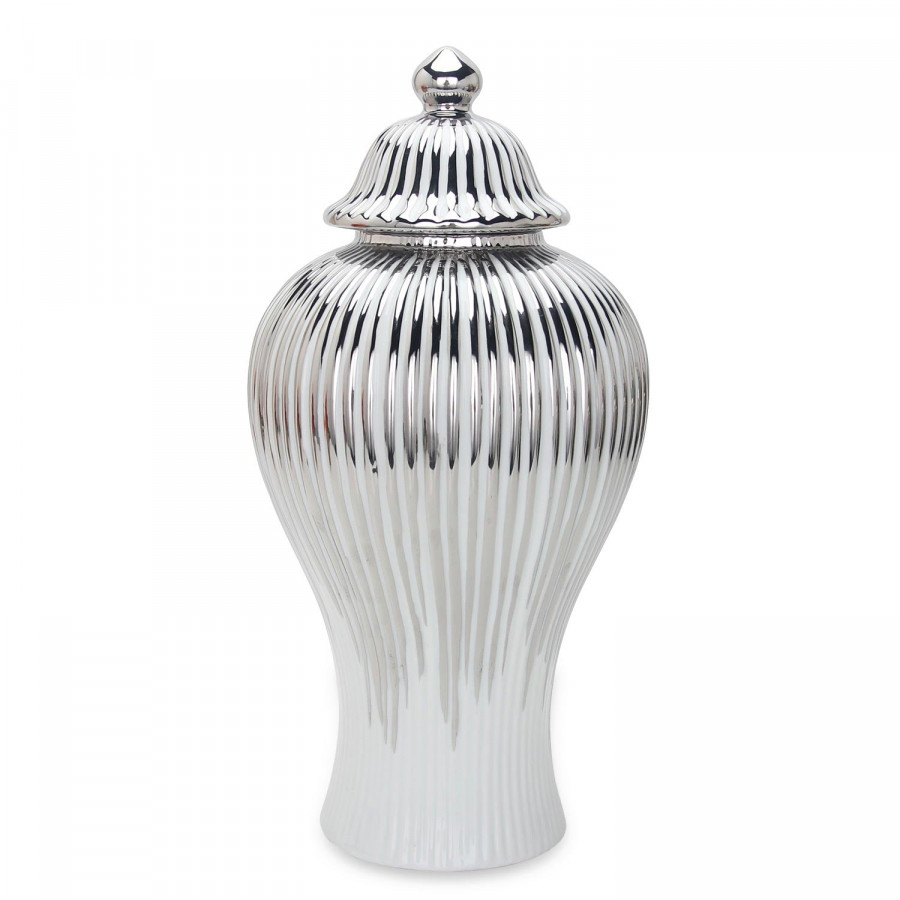 Furnings White with Silver Design Ceramic Decorative Ginger Jar Vase - Large