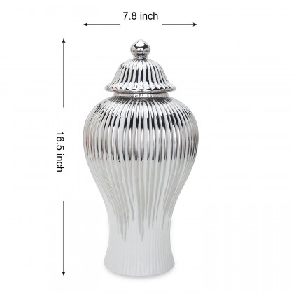 Furnings White with Silver Design Ceramic Decorative Ginger Jar Vase - Large