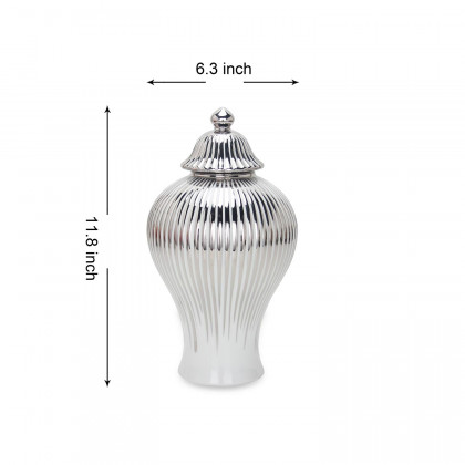 Furnings White with Silver Design Ceramic Decorative Ginger Jar Vase - Large