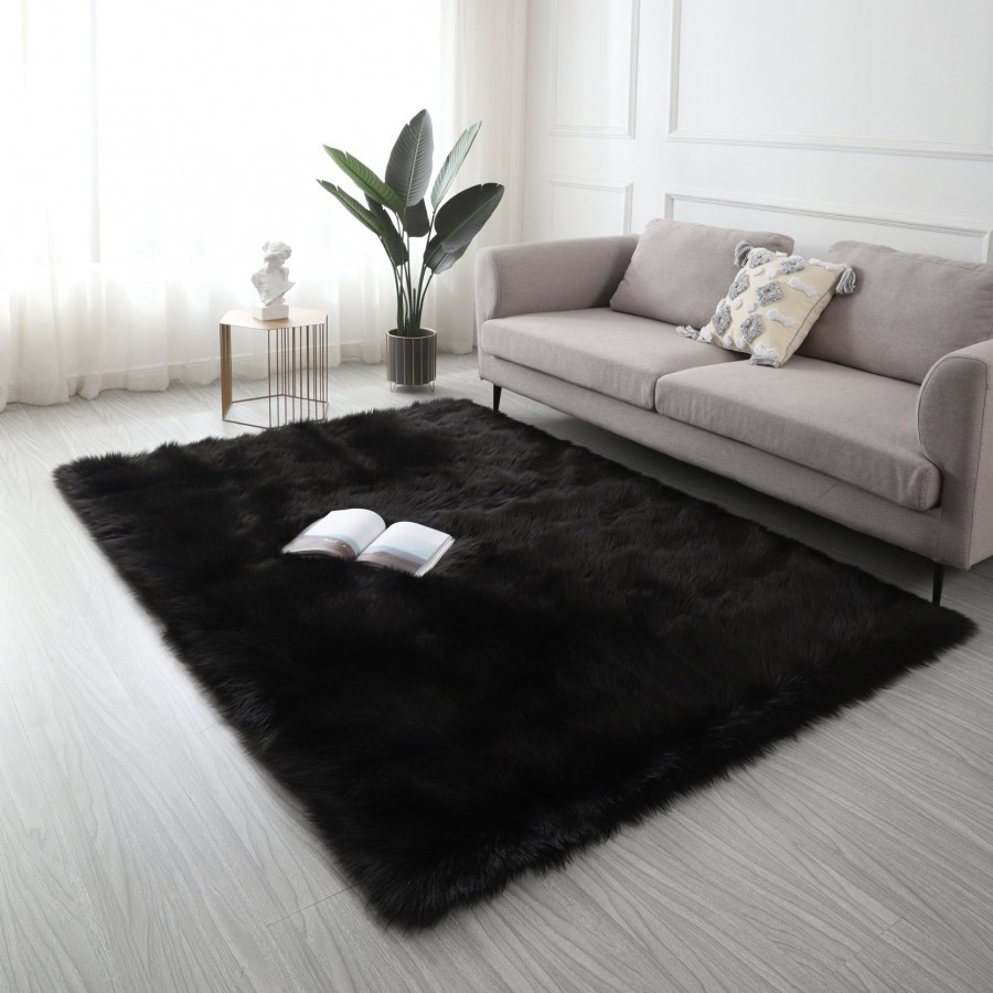 Furnings Cozy Ultra Soft Fluffy Faux Fur Black Area Rug - 6'L x 4'W