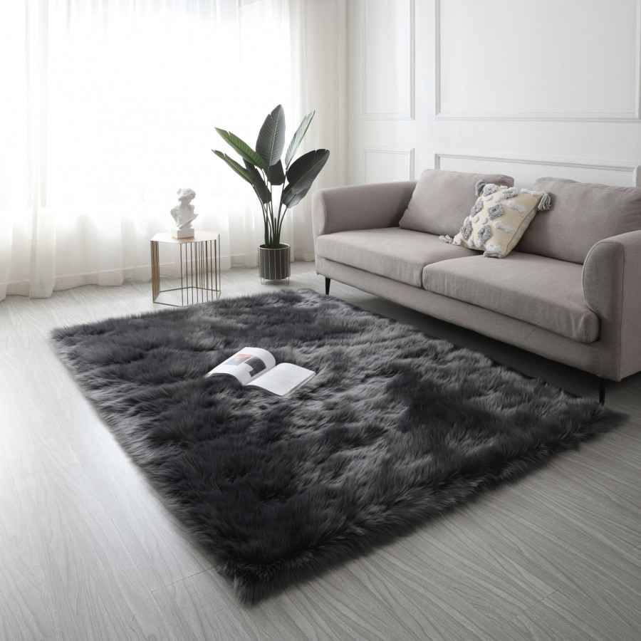 Furnings Cozy Ultra Soft Fluffy Faux Fur Gray Area Rug - 7'L x 5'W