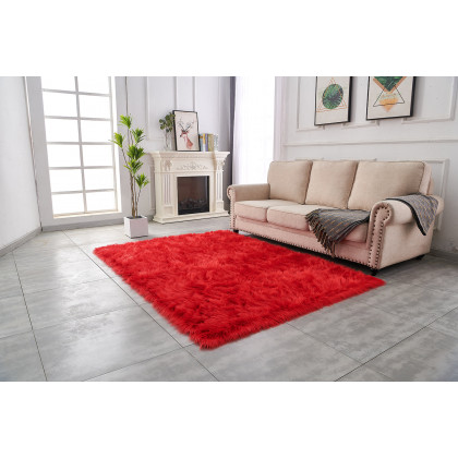 Furnings Cozy Ultra Soft Fluffy Faux Fur Red Area Rug - 5'L x 2'W