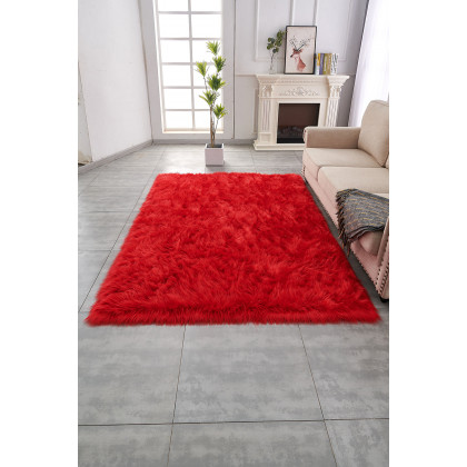 Furnings Cozy Ultra Soft Fluffy Faux Fur Red Area Rug - 7'L x 5'W