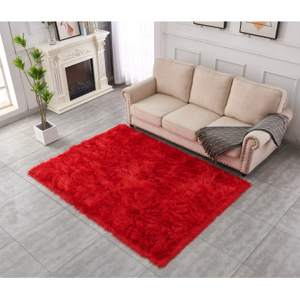 Furnings Cozy Ultra Soft Fluffy Faux Fur Red Area Rug - 7'L x 5'W