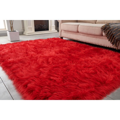Furnings Cozy Ultra Soft Fluffy Faux Fur Red Area Rug - 7'L x 5'W
