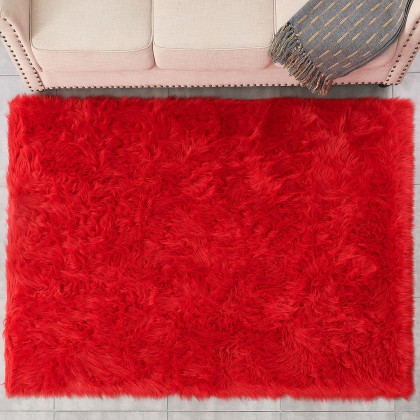 Furnings Cozy Ultra Soft Fluffy Faux Fur Red Area Rug - 7'L x 5'W