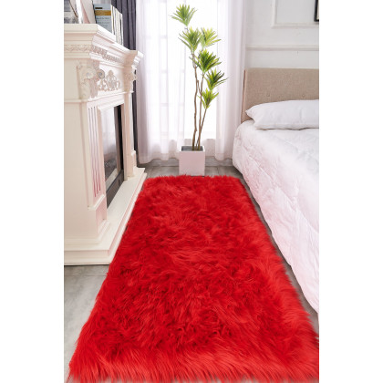 Furnings Cozy Ultra Soft Fluffy Faux Fur Red Area Rug - 7'L x 5'W