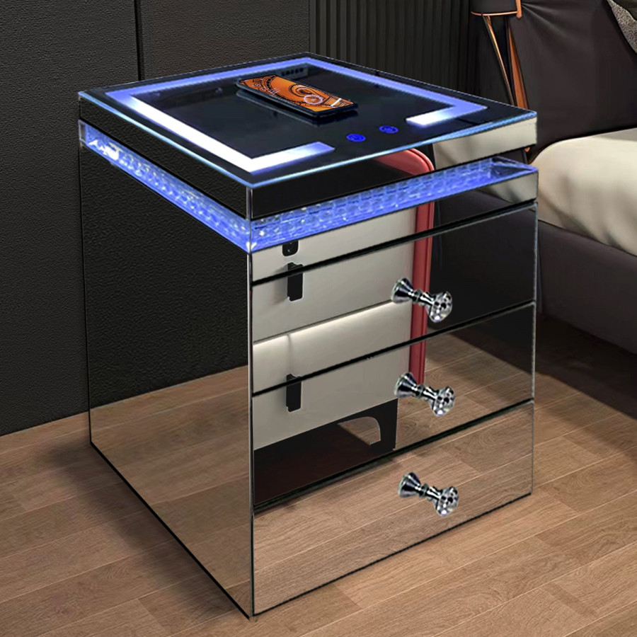 Furnings - Modern Mirrored Nightstand with LED Light and Phone Charger in Functional and Stylish Side Table