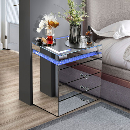 Furnings - Modern Mirrored Nightstand with LED Light and Phone Charger in Functional and Stylish Side Table
