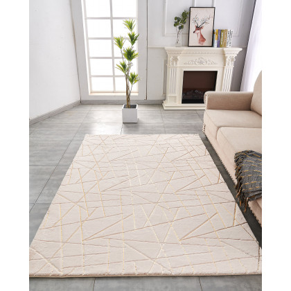 Furnings Lily Luxury Beige Geometric Abstract Gold-Gilded Chinchilla Faux Fur Area Rug - 3'L x 2'W
