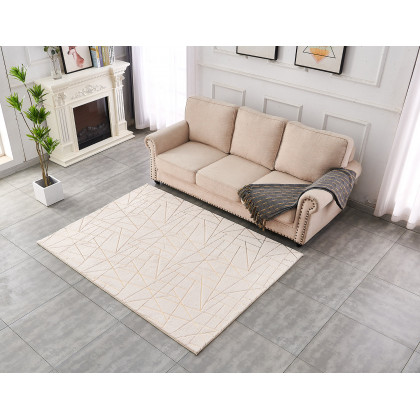 Furnings Lily Luxury Beige Geometric Abstract Gold-Gilded Chinchilla Faux Fur Area Rug - 3'L x 2'W