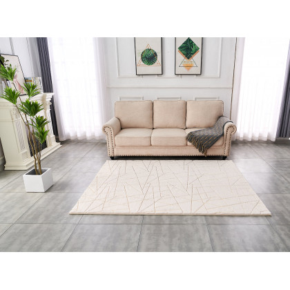 Furnings Lily Luxury Beige Geometric Abstract Gold-Gilded Chinchilla Faux Fur Area Rug - 3'L x 2'W