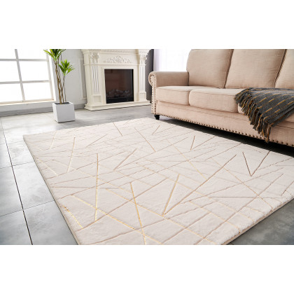 Furnings Lily Luxury Beige Geometric Abstract Gold-Gilded Chinchilla Faux Fur Area Rug - 3'L x 2'W