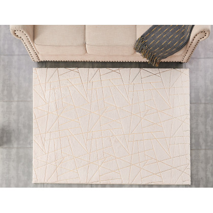 Furnings Lily Luxury Beige Geometric Abstract Gold-Gilded Chinchilla Faux Fur Area Rug - 3'L x 2'W