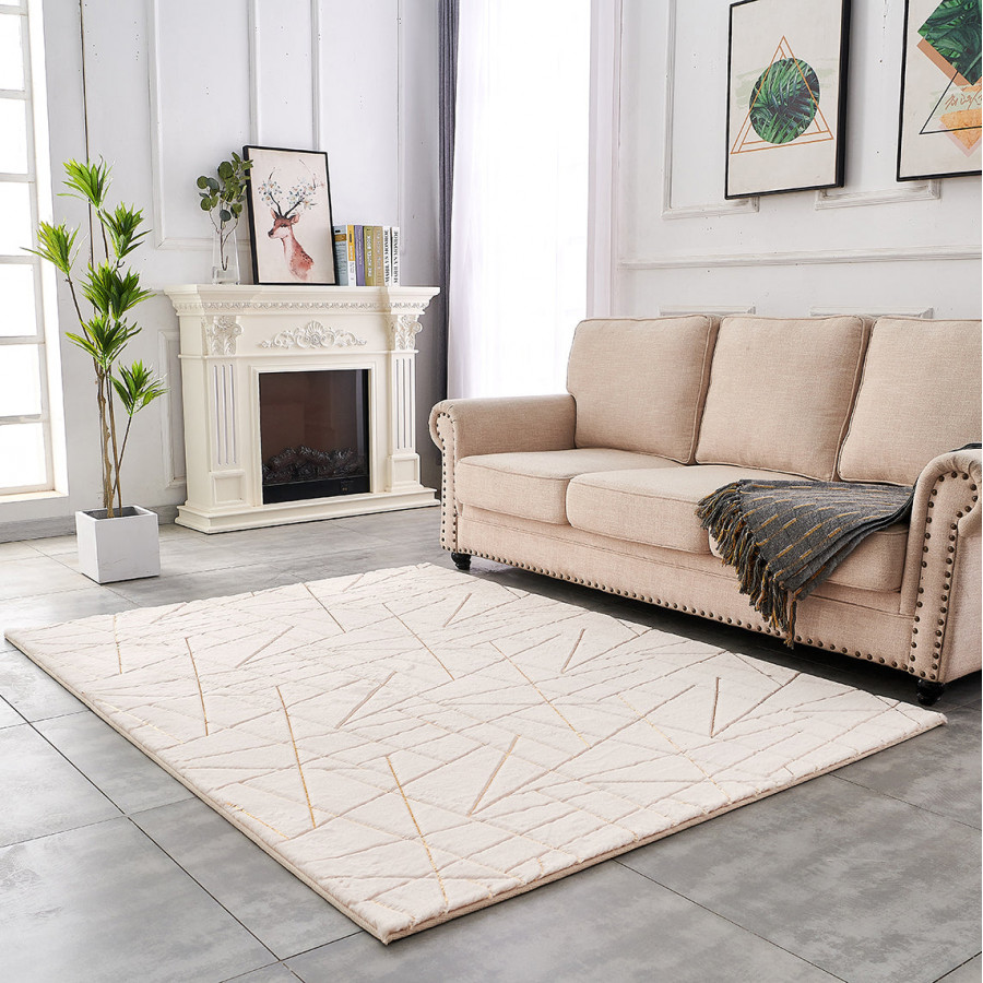 Furnings Lily Luxury Beige Geometric Abstract Gold-Gilded Chinchilla Faux Fur Area Rug - 7'L x 5'W