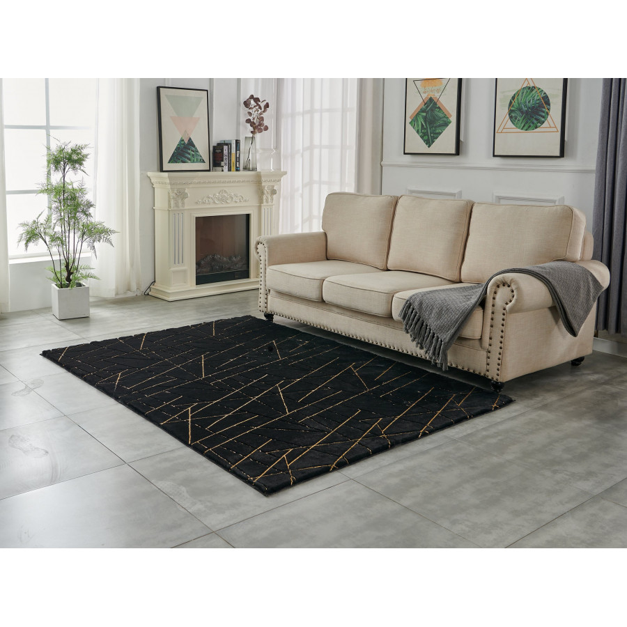 Furnings Lily Luxury Black Geometric Washable Abstract Gold-Gilded Chinchilla Faux Fur Area Rug - 5'L x 3'W