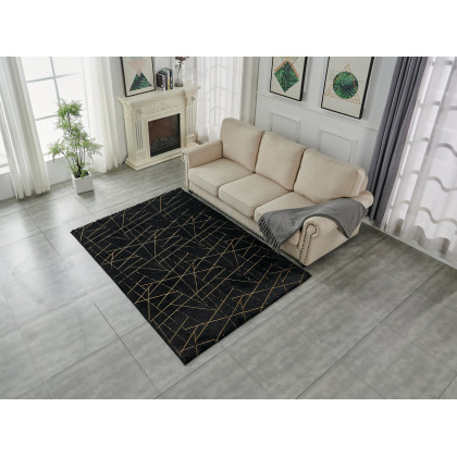 Furnings Lily Luxury Black Geometric Washable Abstract Gold-Gilded Chinchilla Faux Fur Area Rug - 5'L x 3'W