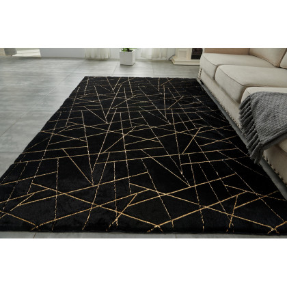 Furnings Lily Luxury Black Geometric Washable Abstract Gold-Gilded Chinchilla Faux Fur Area Rug - 5'L x 3'W