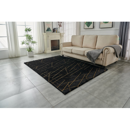 Furnings Lily Luxury Black Geometric Washable Abstract Gold-Gilded Chinchilla Faux Fur Area Rug - 5'L x 3'W
