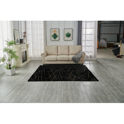 Furnings Lily Luxury Black Geometric Washable Abstract Gold-Gilded Chinchilla Faux Fur Area Rug - 5'L x 3'W