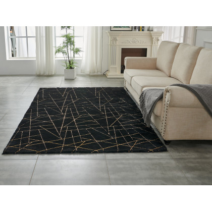 Furnings Lily Luxury Black Geometric Washable Abstract Gold-Gilded Chinchilla Faux Fur Area Rug - 6'L x 4'W