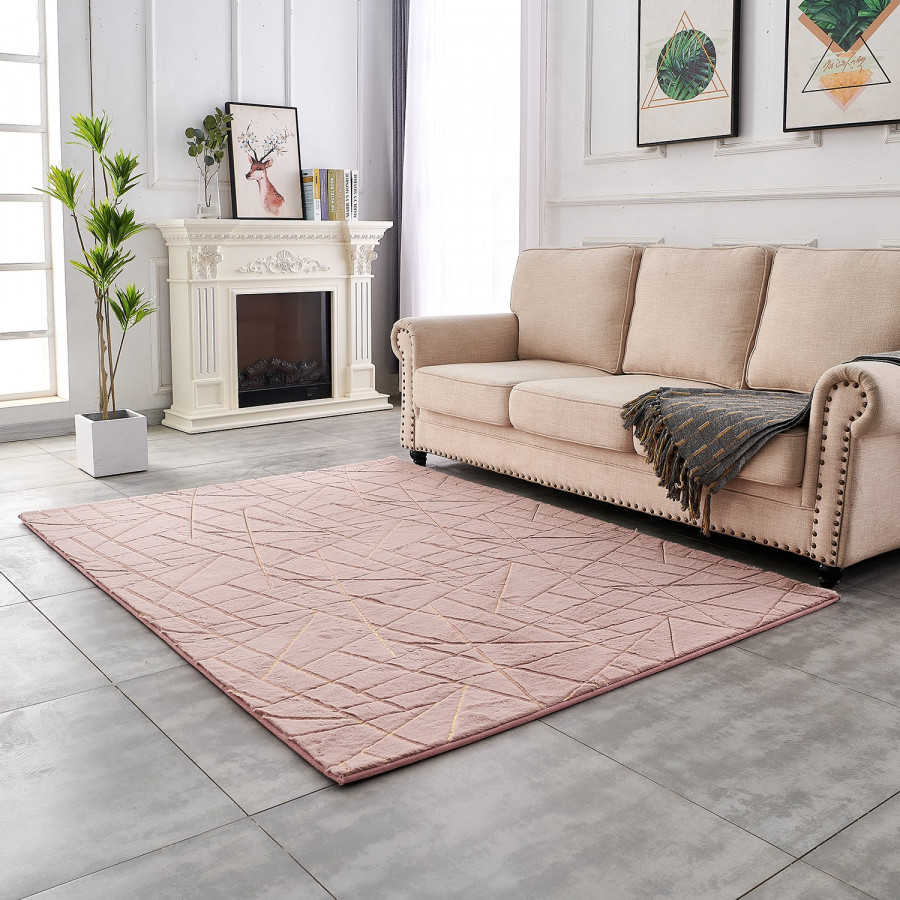 Furnings Lily Luxury Dust Pink Geometric Washable Abstract Gold-Gilded Chinchilla Faux Fur Area Rug - 3'L x 2'W