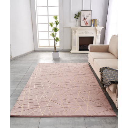 Furnings Lily Luxury Dust Pink Geometric Washable Abstract Gold-Gilded Chinchilla Faux Fur Area Rug - 11'L x 8'W
